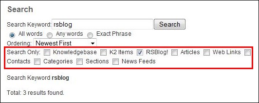 RSBlog! - integration with the Joomla! search plugin